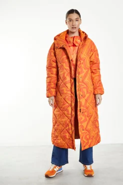 Glamorous Longline Coats|Puffer Jackets|Orange Marble Quilted Longline Puffer Coat with Hood -