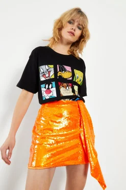 Glamorous Going Out Skirts|Go To Partywear|Orange Sequin Mini Skirt with Asymmetric Drape Detail -