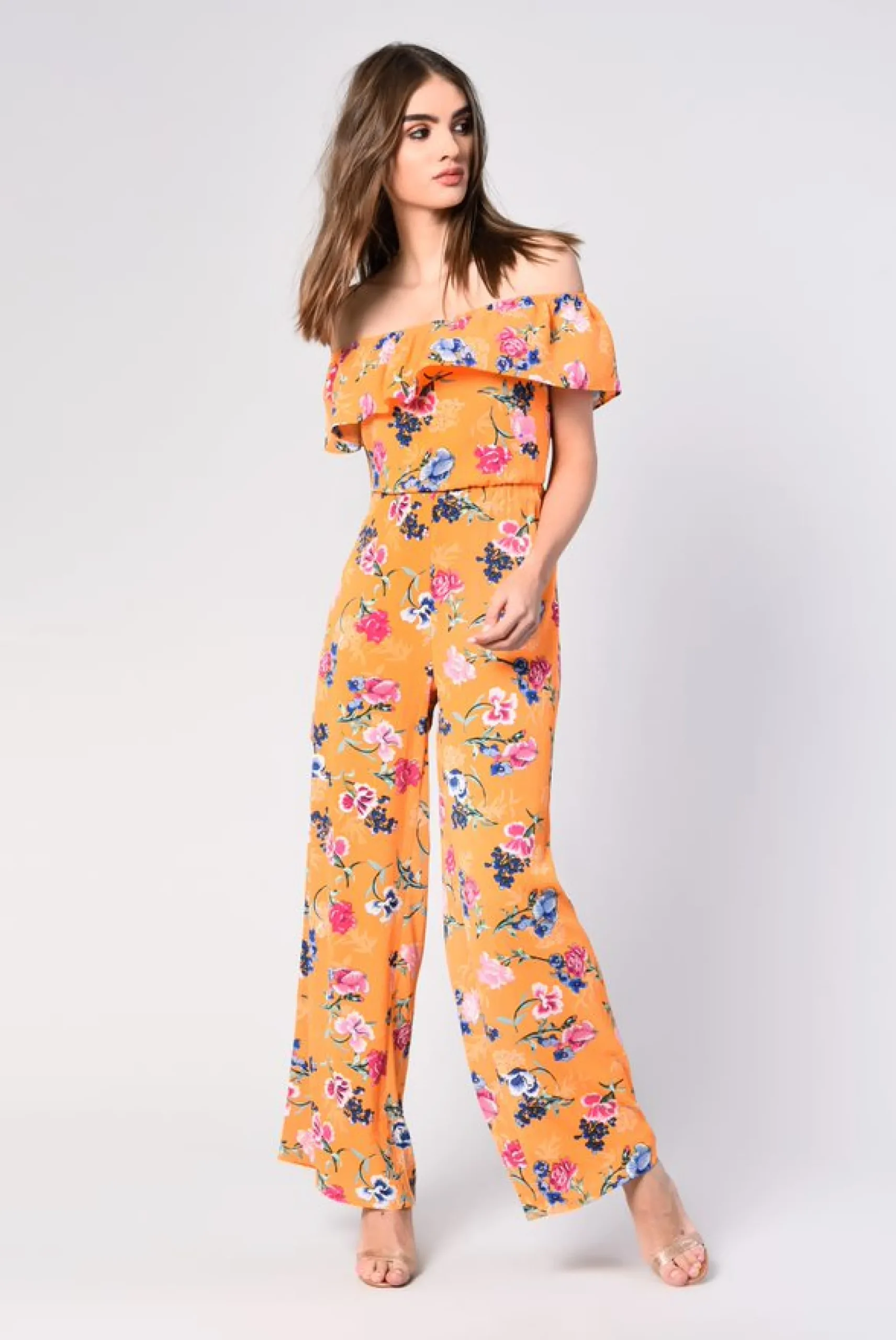 Glamorous Chic Escapes|Jumpsuits|Orange Tropical Print Bardot Jumpsuit -