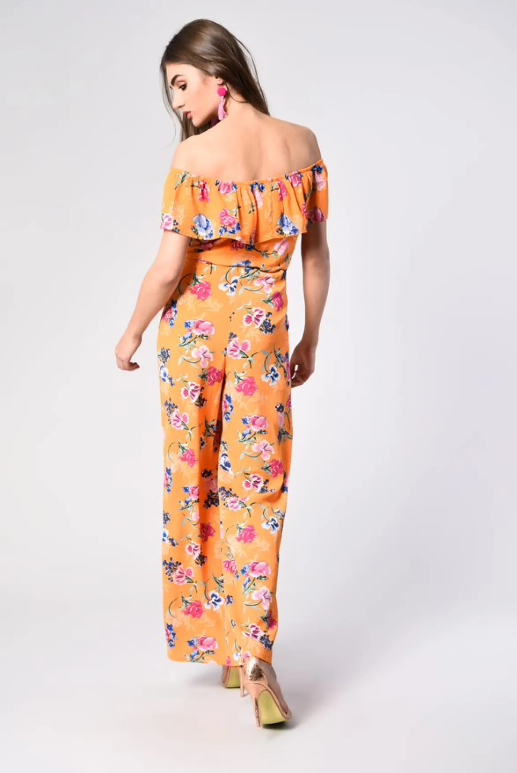 Glamorous Chic Escapes|Jumpsuits|Orange Tropical Print Bardot Jumpsuit -