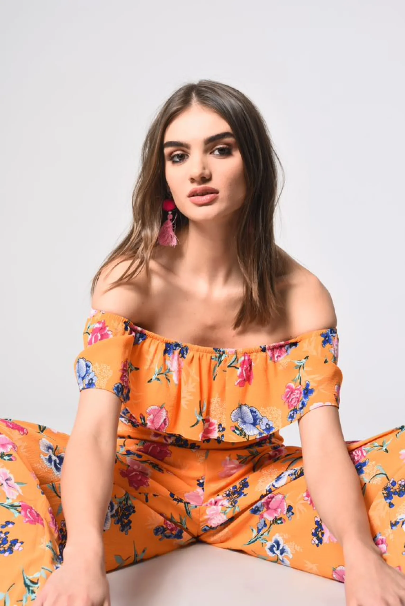 Glamorous Chic Escapes|Jumpsuits|Orange Tropical Print Bardot Jumpsuit -