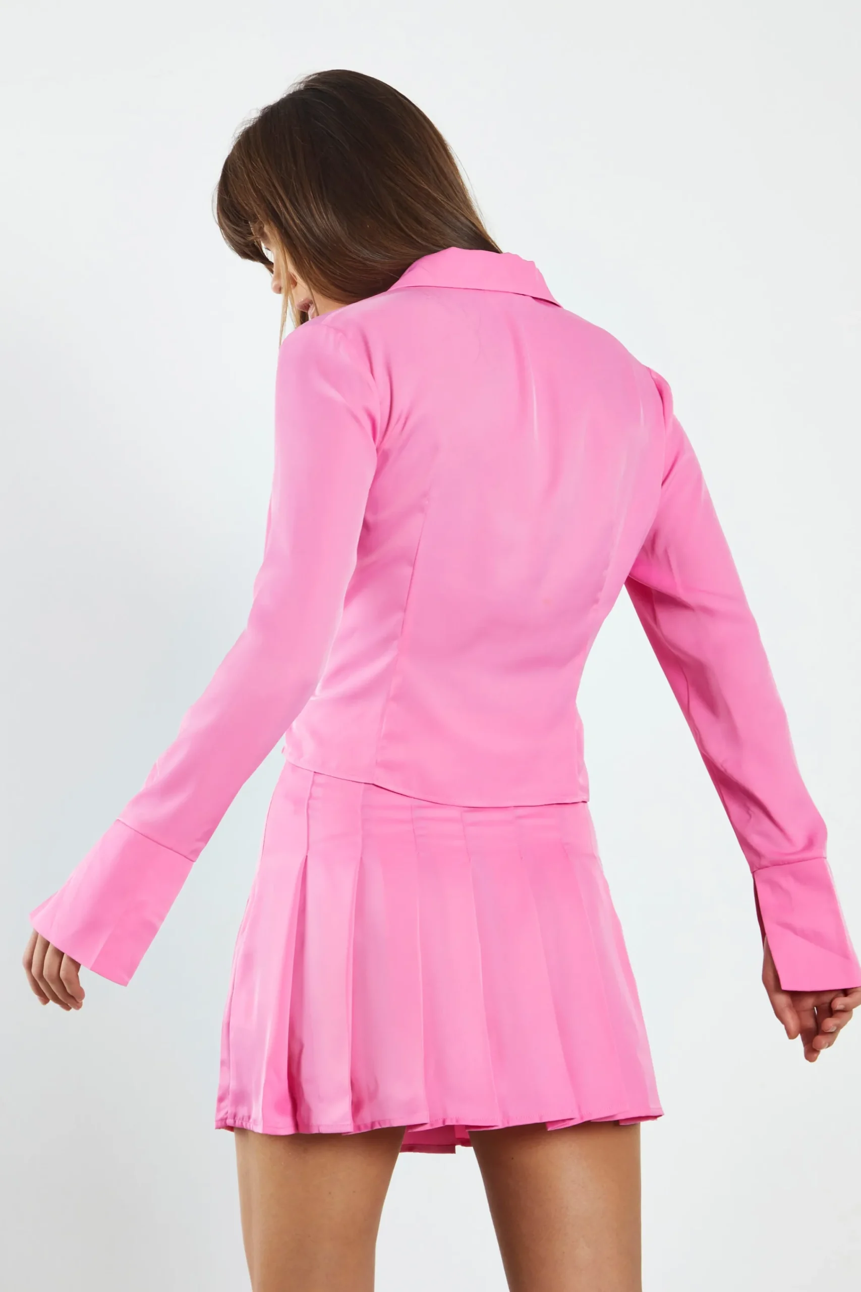 Glamorous Blouses & Shirts|Pink Satin Long Sleeve Fitted Shirt with Lapel Collar -