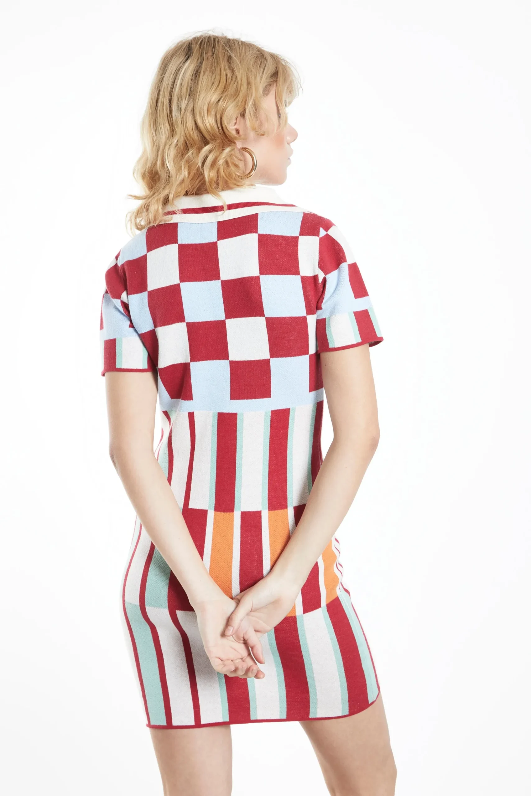 Glamorous Knitted Dresses|Knitted Dresses|Red Multi Graphic Knit V Neck Mini Dress -