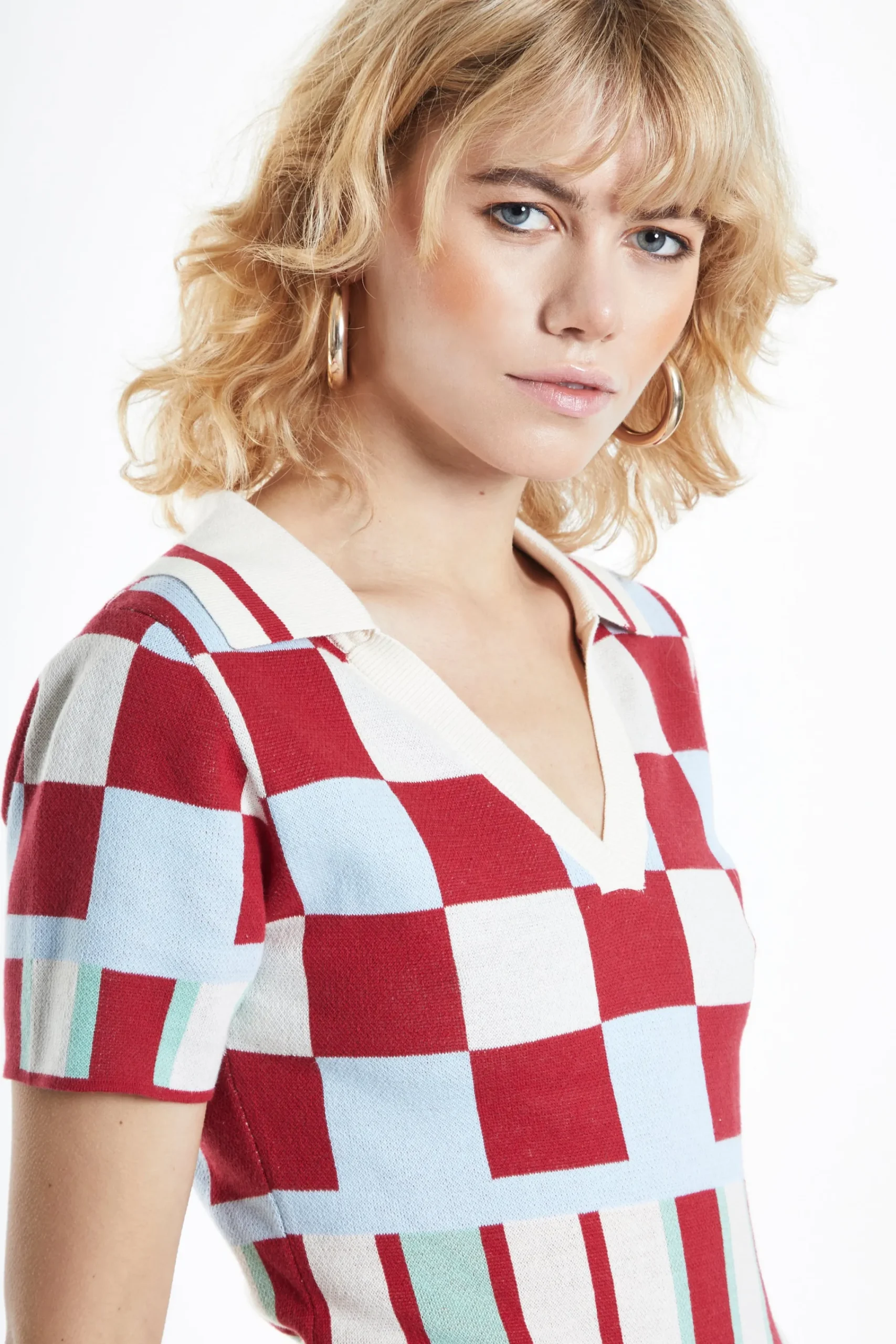 Glamorous Knitted Dresses|Knitted Dresses|Red Multi Graphic Knit V Neck Mini Dress -