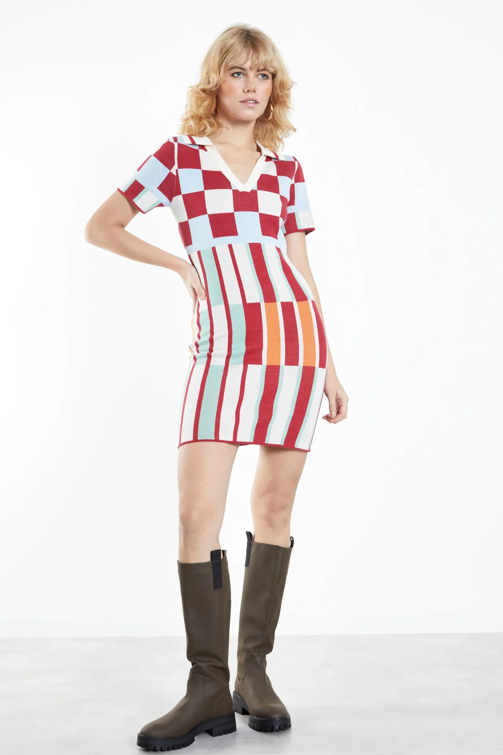 Glamorous Knitted Dresses|Knitted Dresses|Red Multi Graphic Knit V Neck Mini Dress -