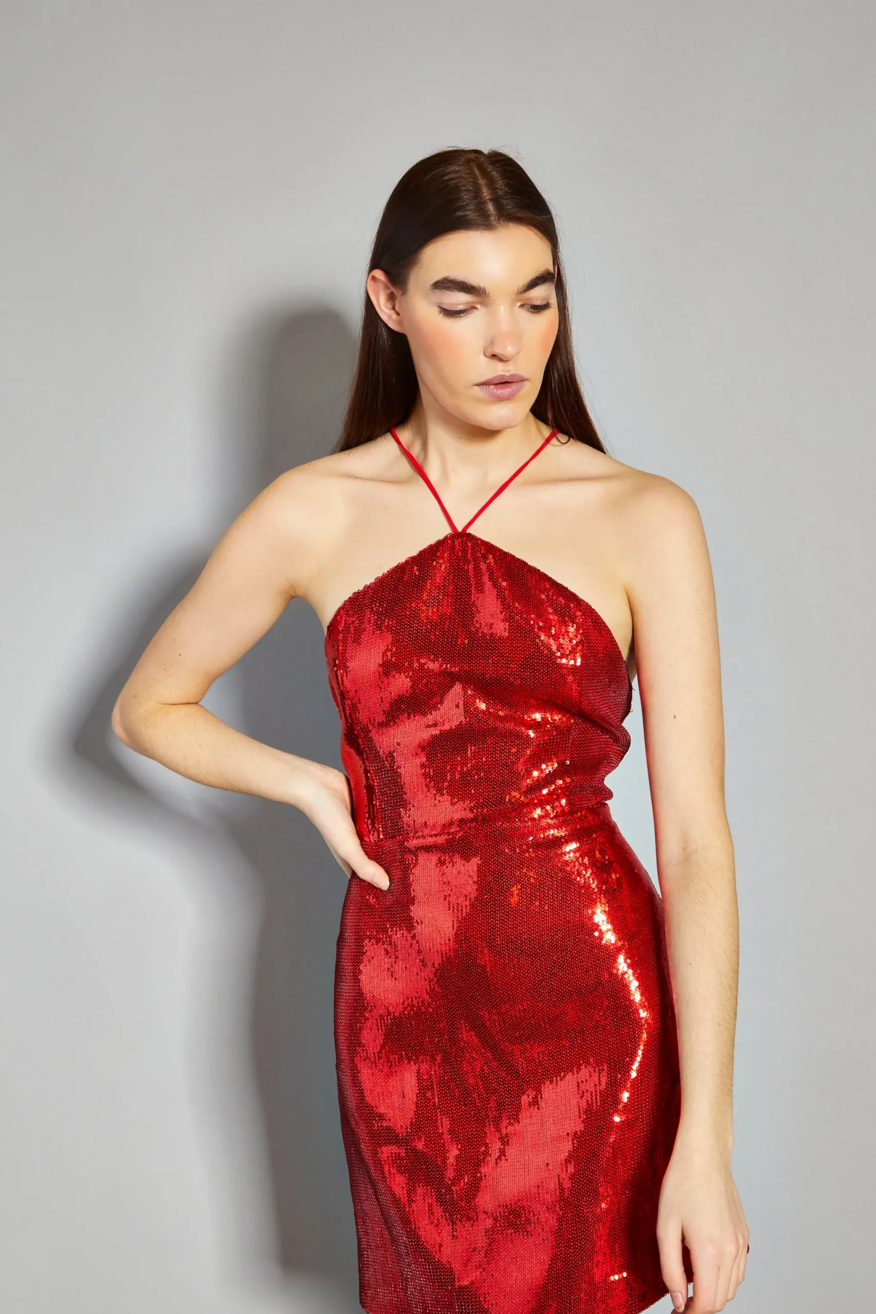 Glamorous Prom|Go To Partywear|Red Sequin Halter Neck Mini Dress -