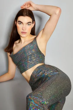 Glamorous Going Out Tops|Go To Partywear|Silver Holographic Cowl Neck Crop Top -