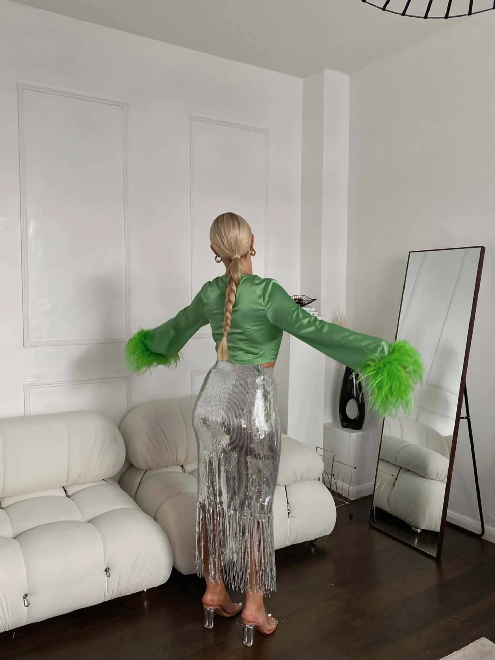 Glamorous Going Out Skirts|Go To Partywear|Silver Sequin Fringe High Waisted Midi Skirt -