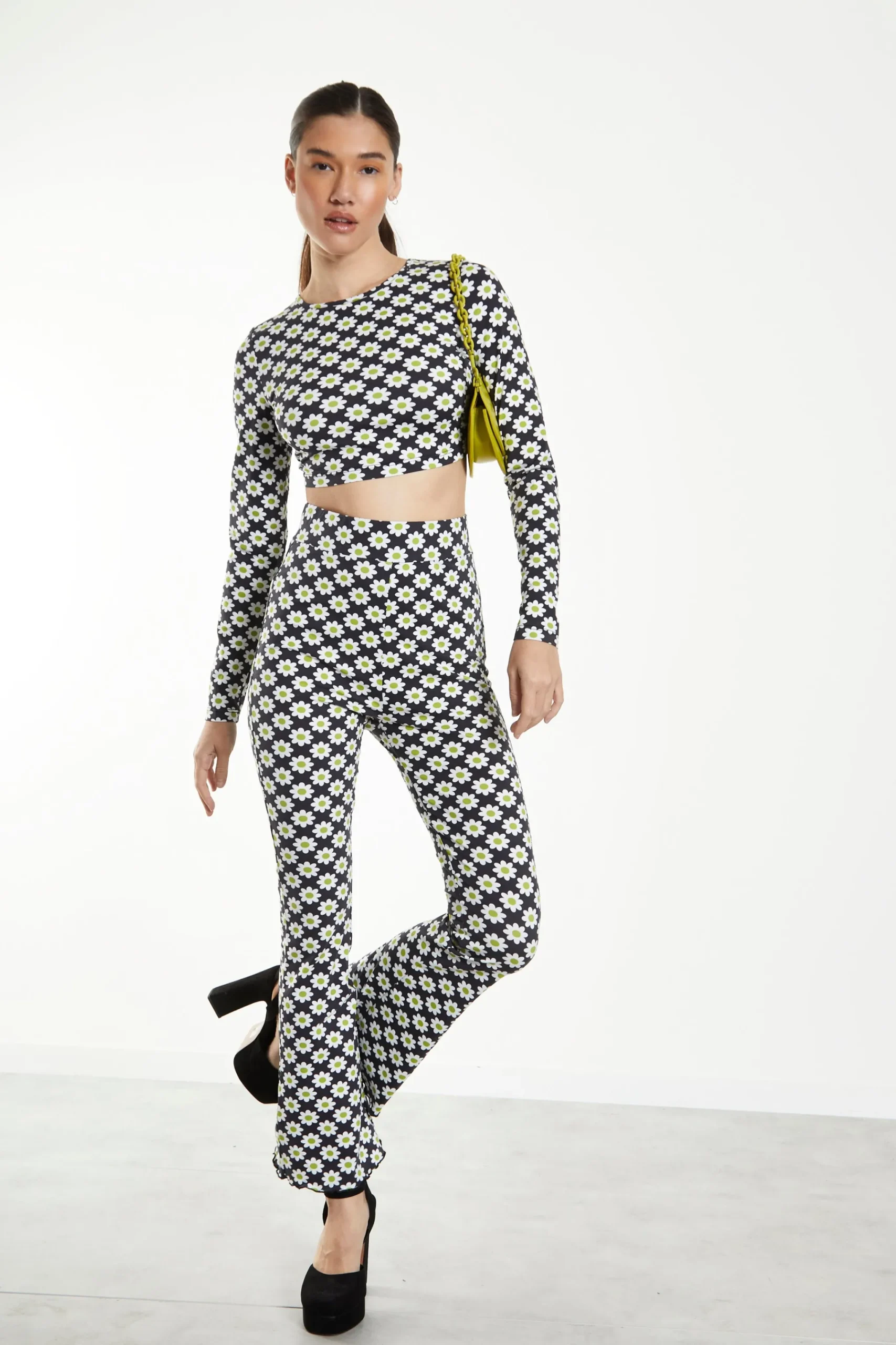 Glamorous Flares|Sixties Flower Jersey High Waisted Flared Trousers -