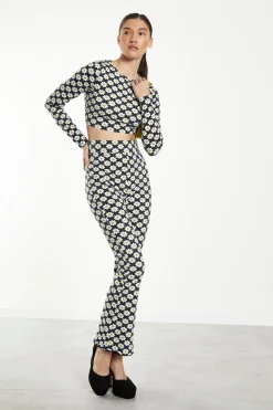 Glamorous Flares|Sixties Flower Jersey High Waisted Flared Trousers -