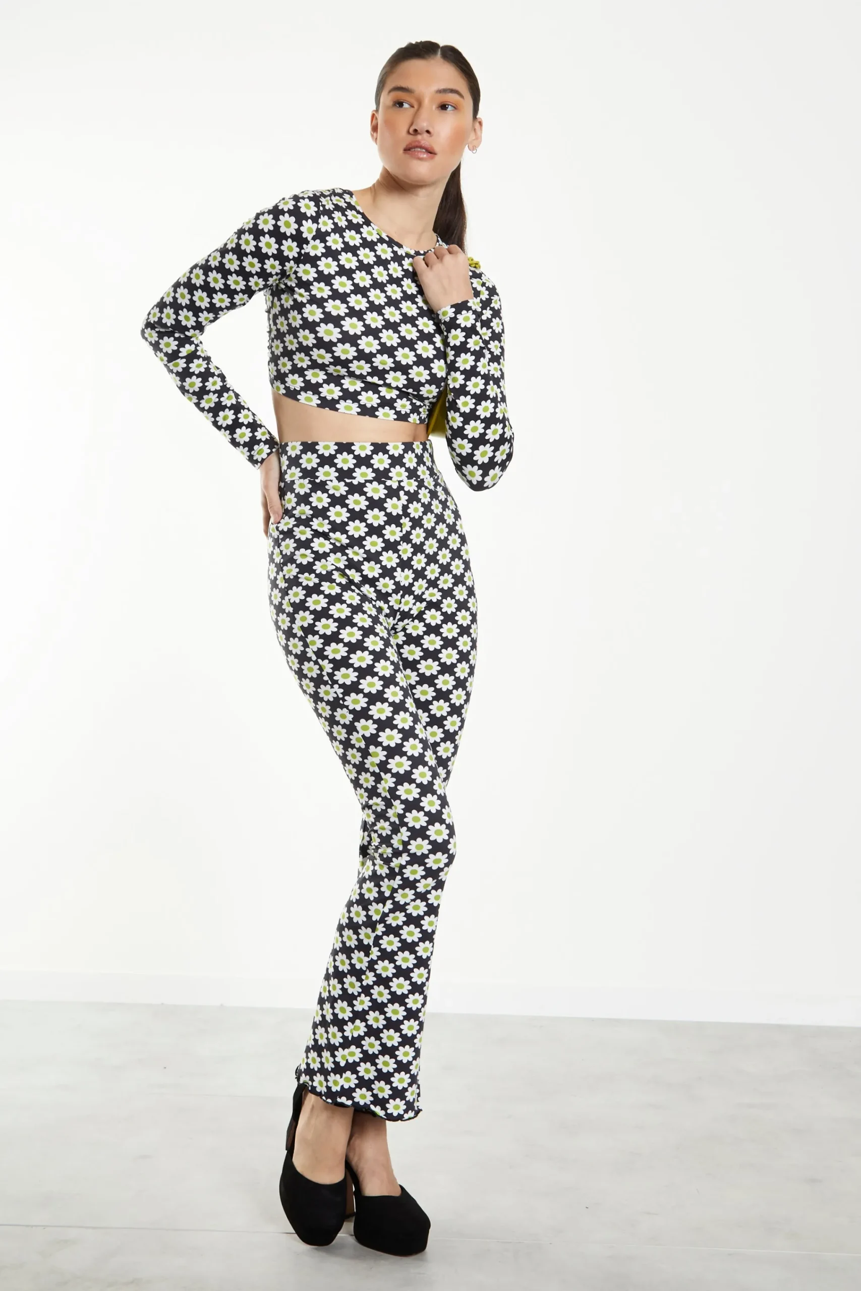 Glamorous Flares|Sixties Flower Jersey High Waisted Flared Trousers -