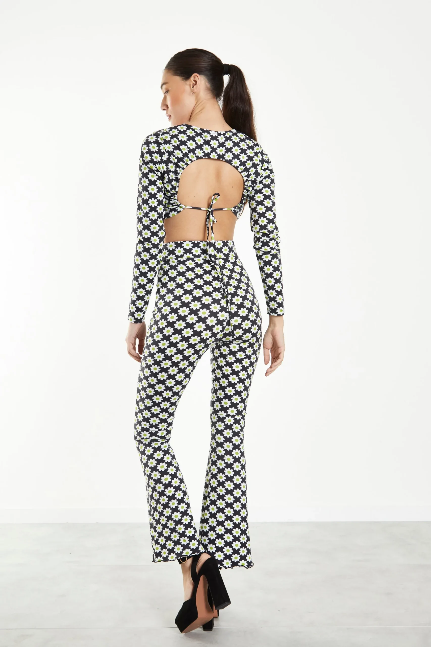 Glamorous Flares|Sixties Flower Jersey High Waisted Flared Trousers -