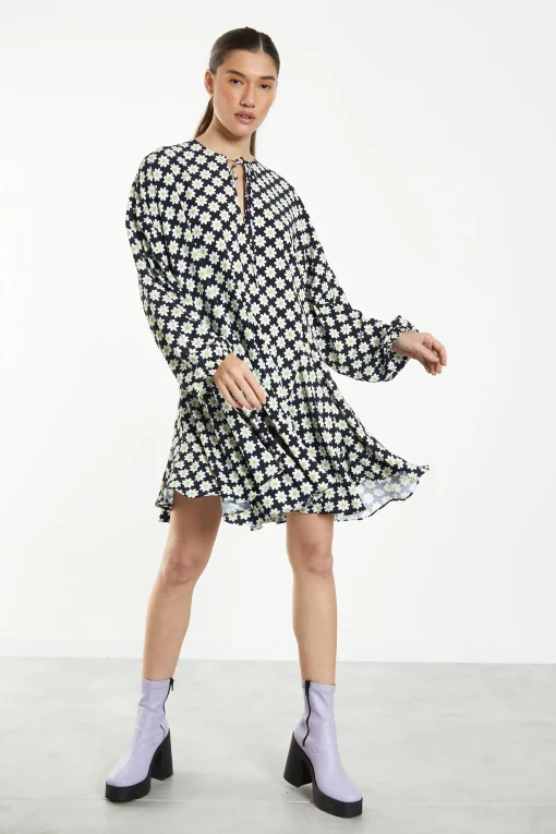 Glamorous Day Dresses|Mini Dresses|Sixties Flower Long Sleeve Oversized Mini Dress -
