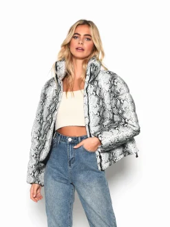 Glamorous Puffer Jackets|Coats|Snakeskin Pattern PU Puffer Coat -