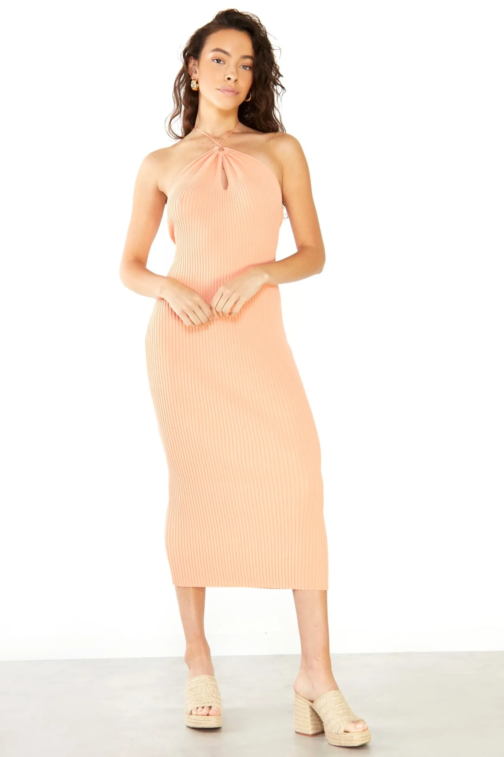 Glamorous Go To Partywear|Chic Escapes|Studio Coral Keyhole Rib Knit Midi Dress -
