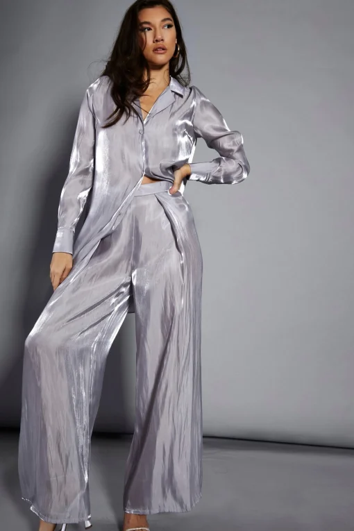 Glamorous Go To Partywear|Glamorous Studio|Studio Grey Metallic Wide Leg High Waisted Trousers -