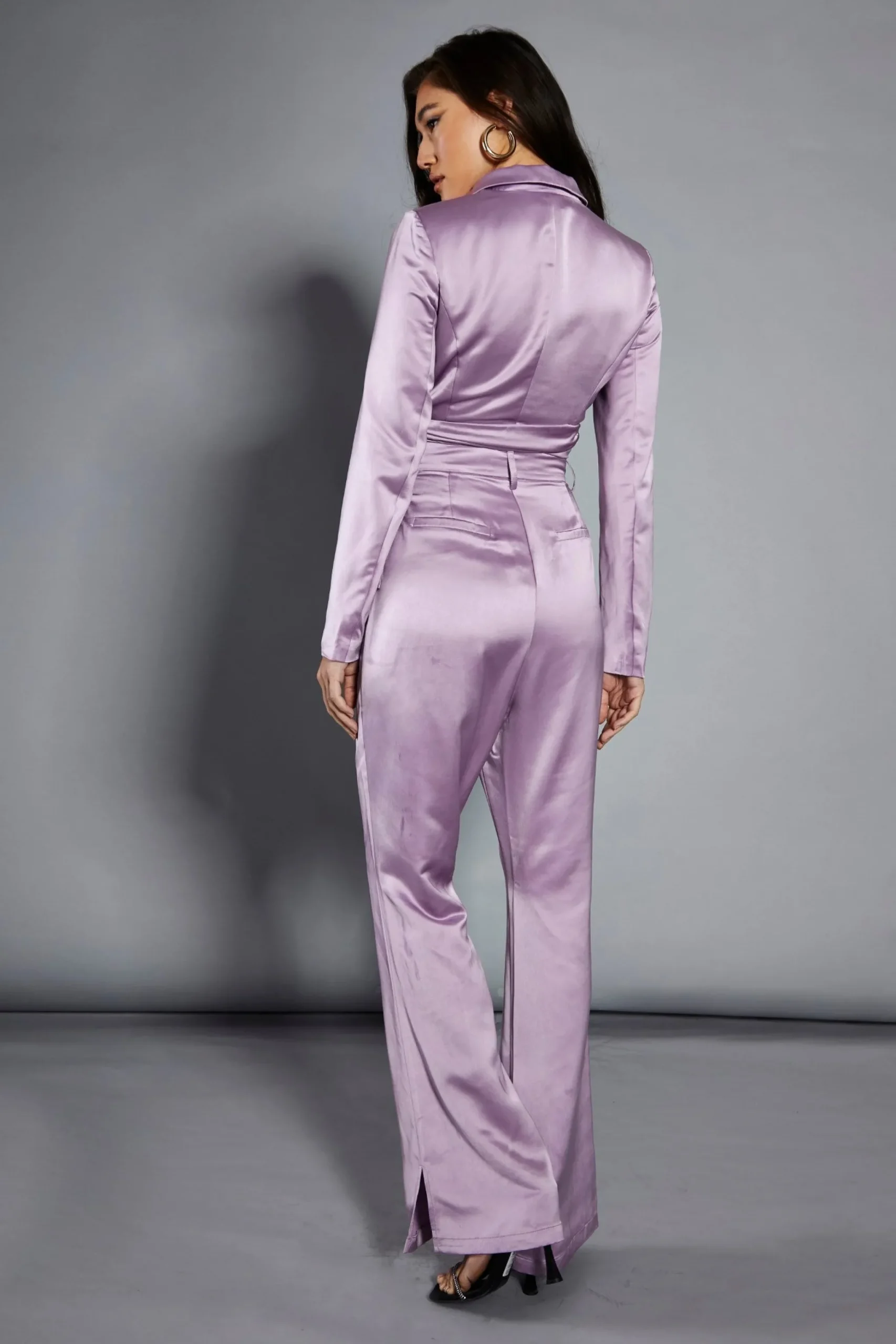 Glamorous Go To Partywear|Glamorous Studio|Studio Lavender Satin Tailored Split Flared Trousers -