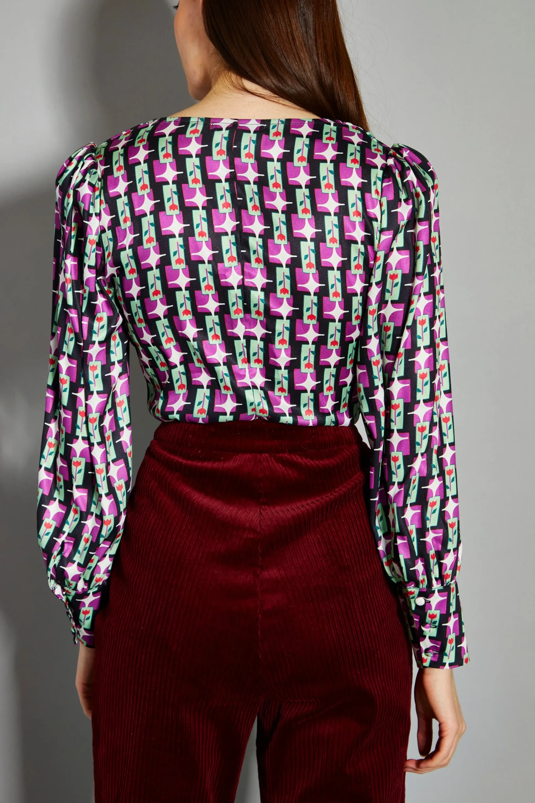 Glamorous Blouses & Shirts|Tulip Multi Geo Print V-Neck Button Front Blouse -