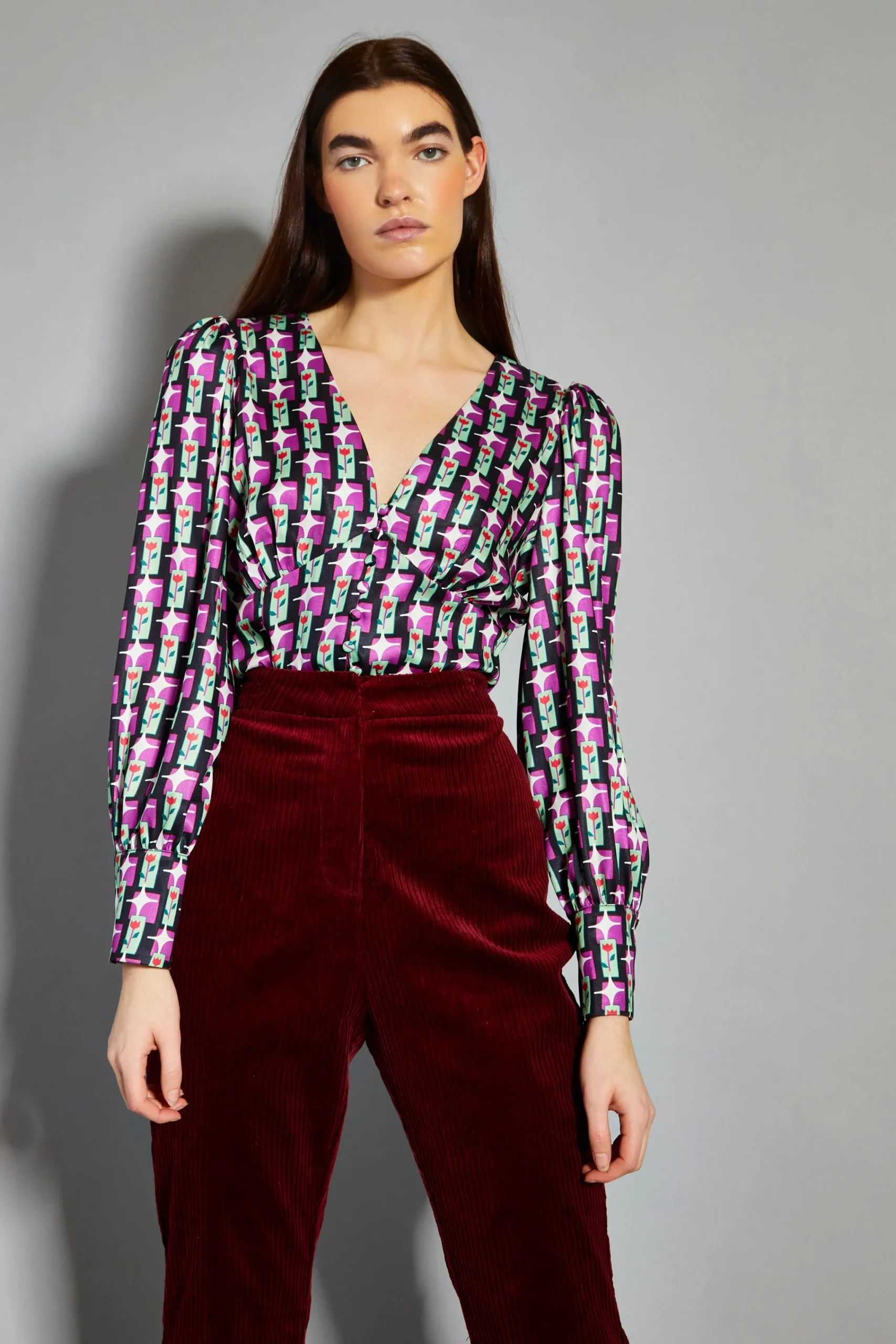 Glamorous Blouses & Shirts|Tulip Multi Geo Print V-Neck Button Front Blouse -