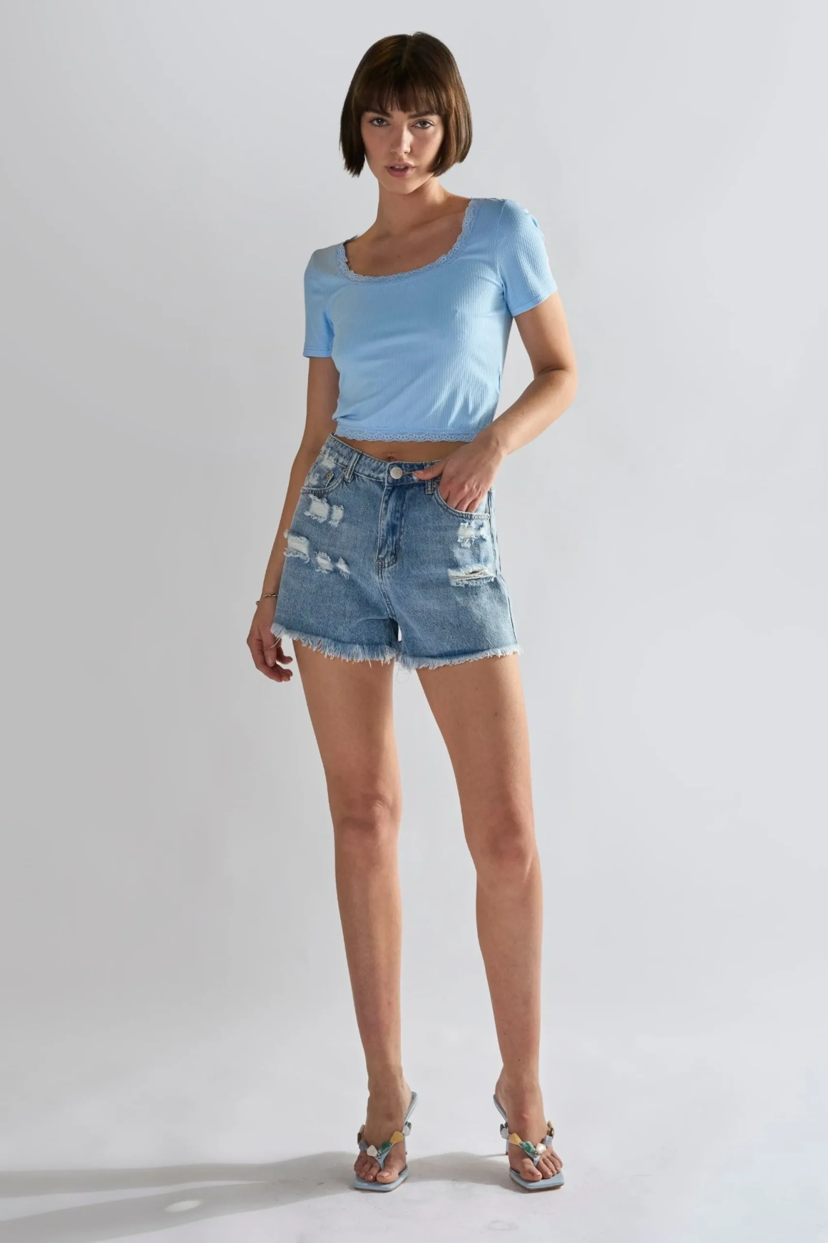 Glamorous Denim Shorts|Vintage Wash Distressed Denim Shorts -