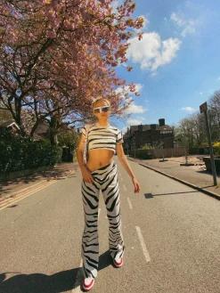 Glamorous Jet Setter|Co-ords|White Black Zebra Knitted Flared Trousers -