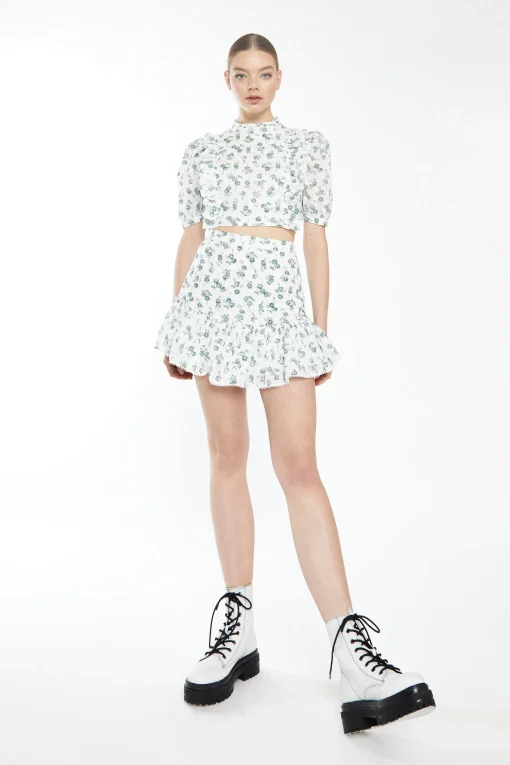 Glamorous Best Dressed Guest|White Dark Green Broderie High Neck Crop Top with Ruffle Det -