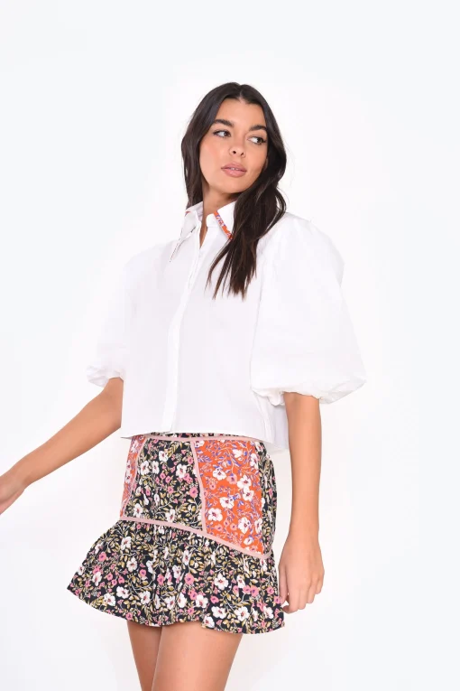 Glamorous Blouses & Shirts|White Puff Shoulder Short Sleeve Collar Shirt -