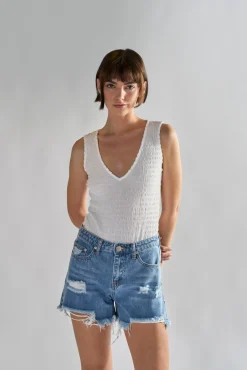 Glamorous Chic Escapes|White Textured V- Neck Bodysuit -
