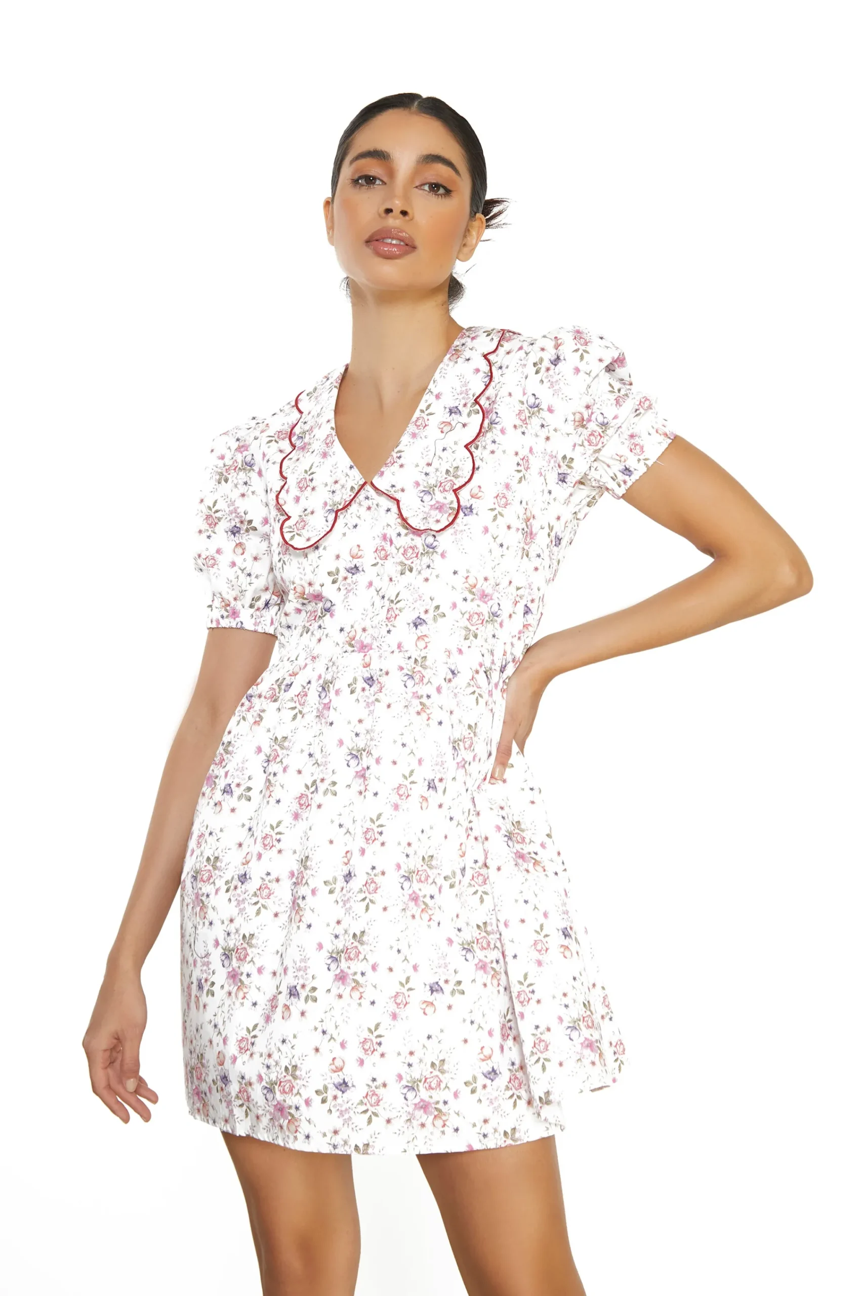Glamorous Mini Dresses|Mini Dresses|White Vintage Flower Collar Short Sleeve Mini Dress -