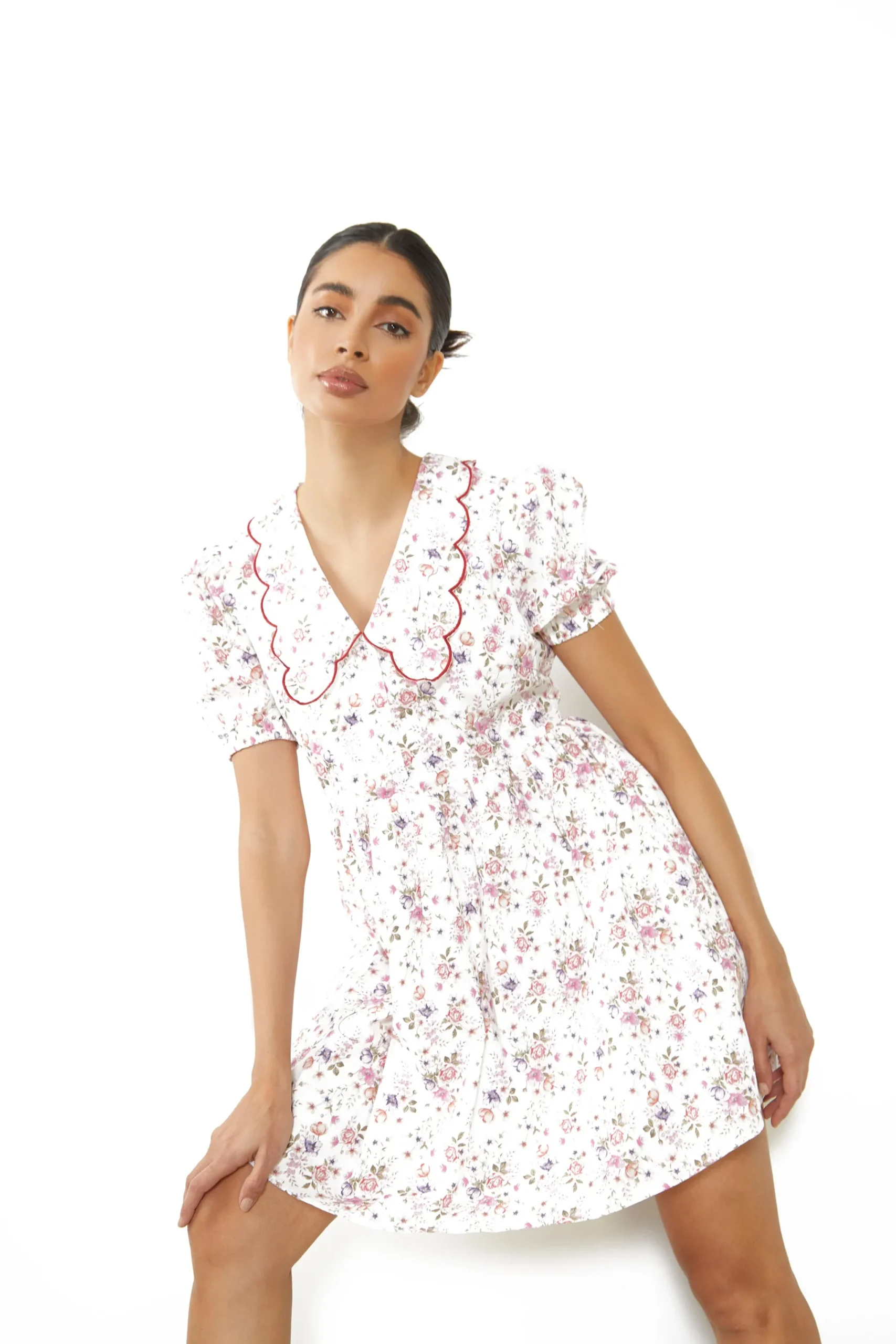 Glamorous Mini Dresses|Mini Dresses|White Vintage Flower Collar Short Sleeve Mini Dress -