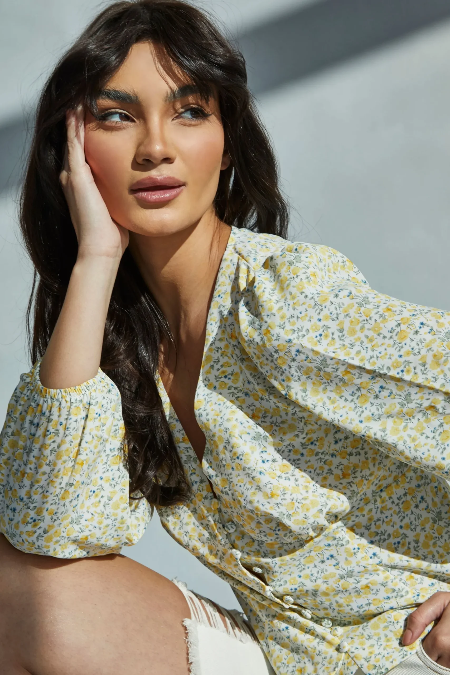 Glamorous Blouses & Shirts|Yellow Vintage daisy V-Neck Button Front Blouse -