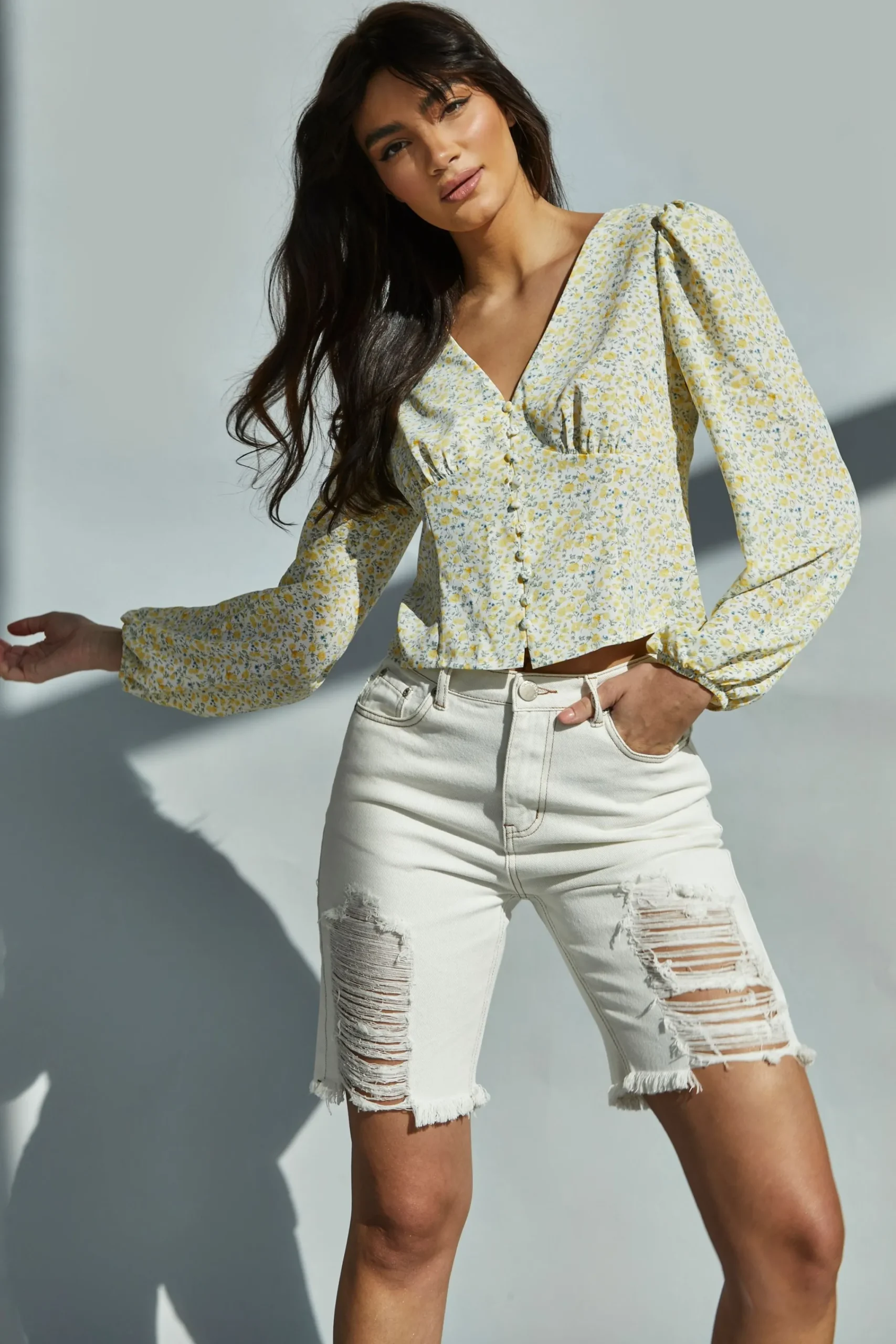 Glamorous Blouses & Shirts|Yellow Vintage daisy V-Neck Button Front Blouse -
