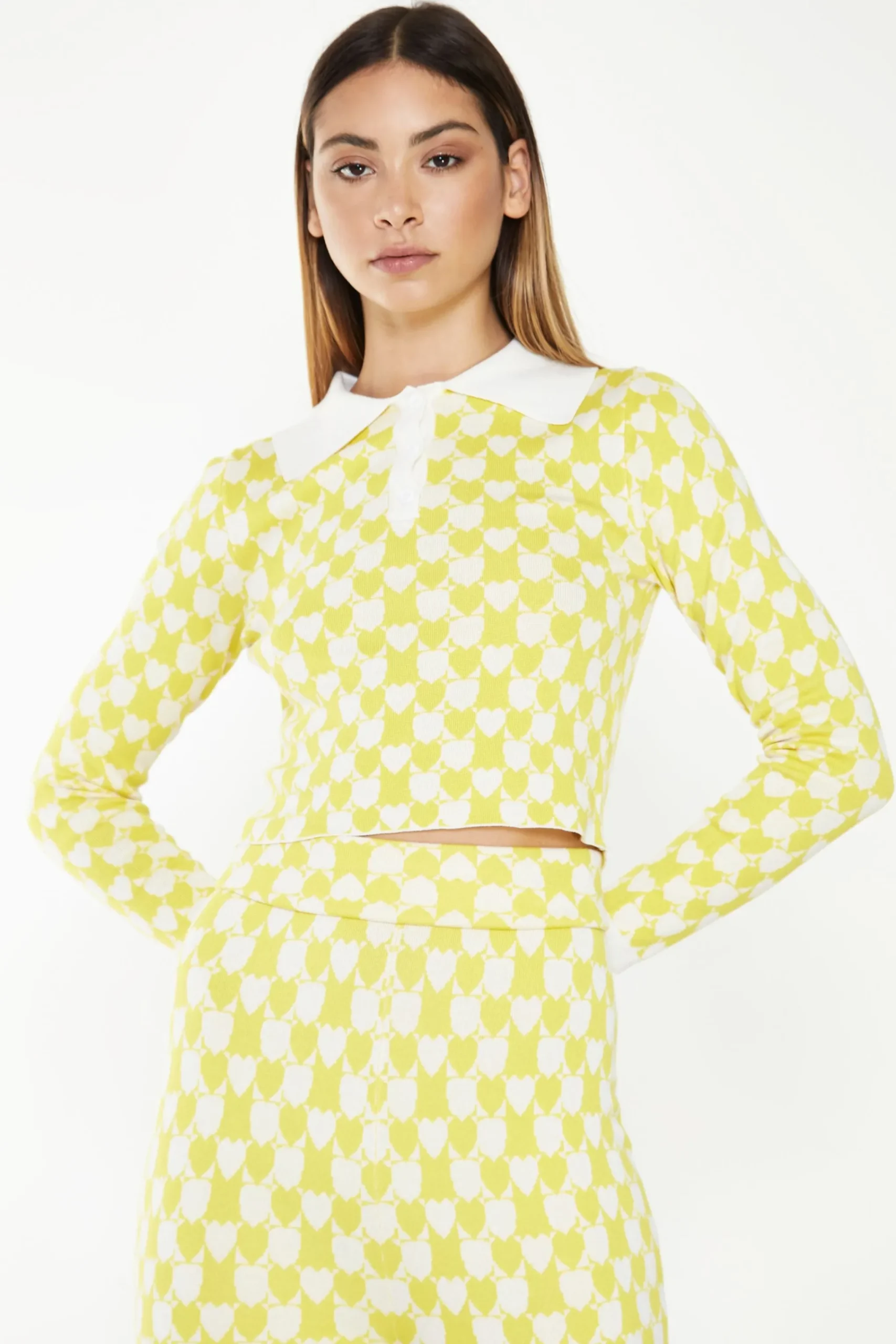 Glamorous Workwear|Co-ords|Yellow White Heart Collar Long Sleeve Crop Top -