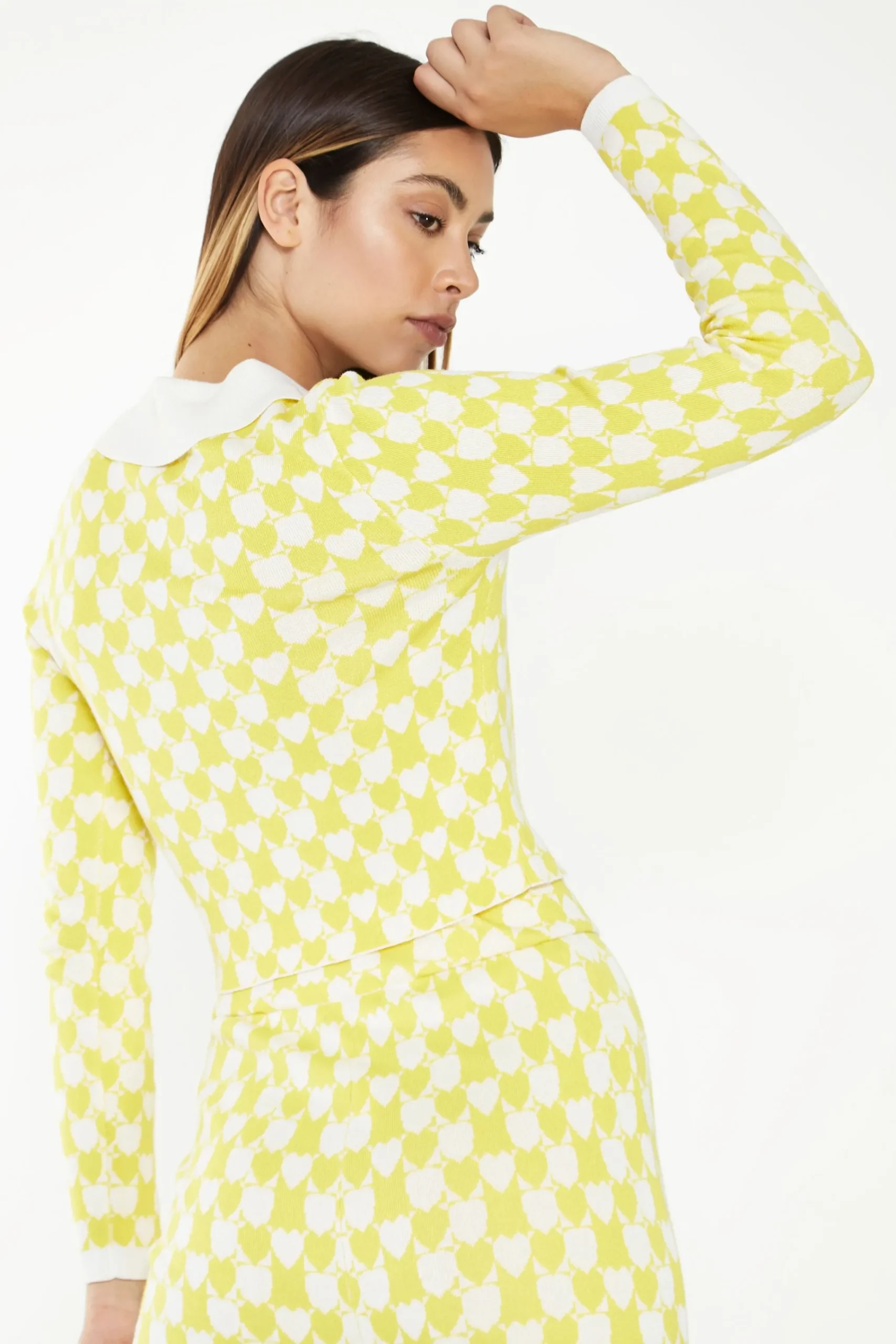 Glamorous Workwear|Co-ords|Yellow White Heart Collar Long Sleeve Crop Top -