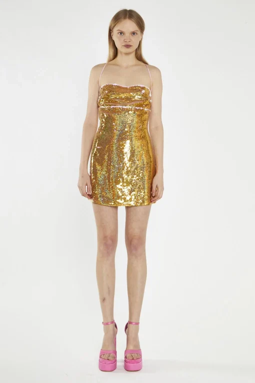 Glamorous Go To Partywear|Party Dresses|Gold-Pink Sequin Lace-Up Back Mini-Dress -