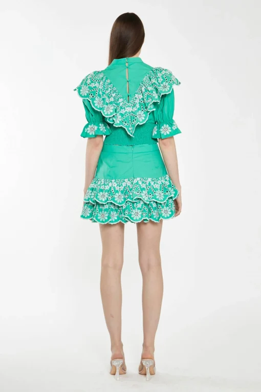 Glamorous Best Dressed Guest|Chic Escapes|Green Broderie Ruffle Mini Skirt -