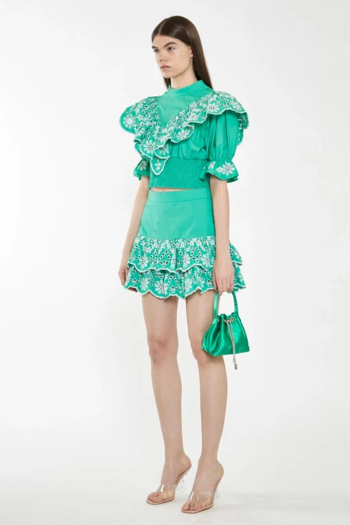 Glamorous Best Dressed Guest|Chic Escapes|Green Broderie Ruffle Mini Skirt -