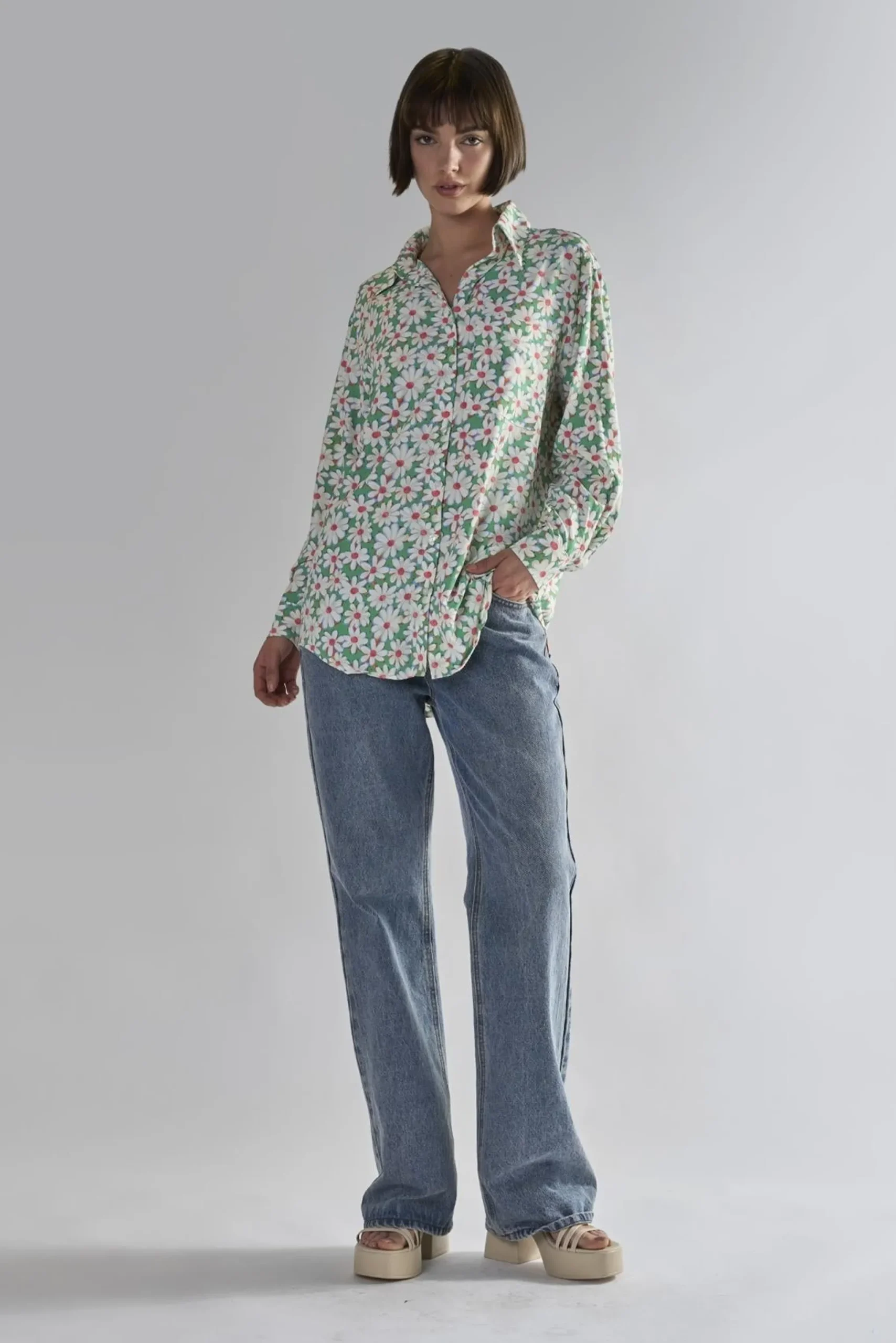 Glamorous Blouses & Shirts|Green Daisy Collared Long Sleeve Tops -