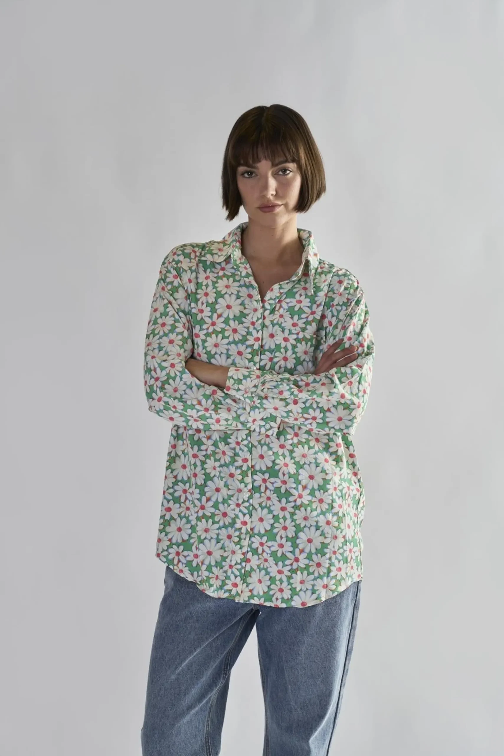 Glamorous Blouses & Shirts|Green Daisy Collared Long Sleeve Tops -