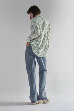 Glamorous Blouses & Shirts|Green Daisy Collared Long Sleeve Tops -