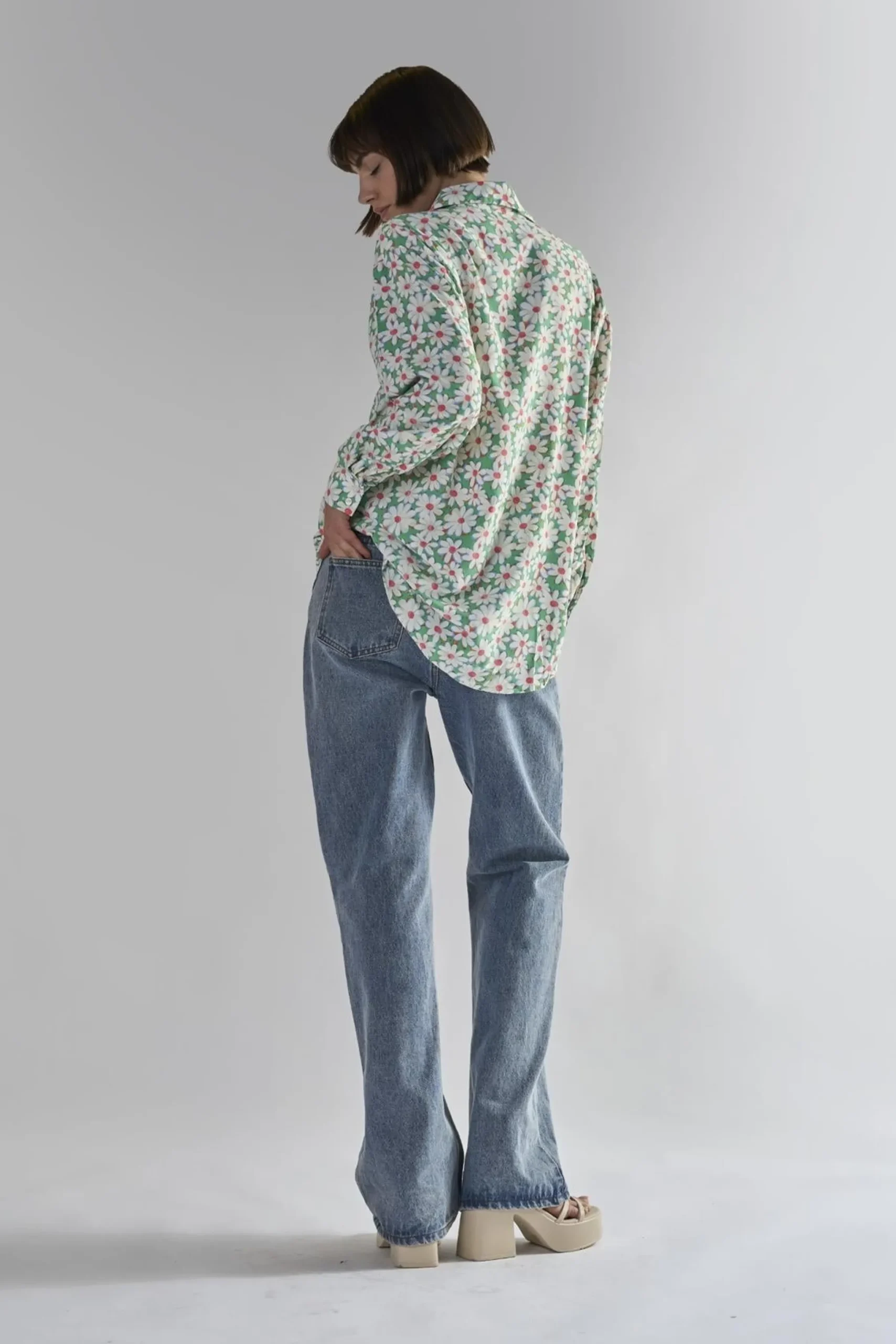 Glamorous Blouses & Shirts|Green Daisy Collared Long Sleeve Tops -