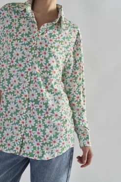 Glamorous Blouses & Shirts|Green Daisy Collared Long Sleeve Tops -