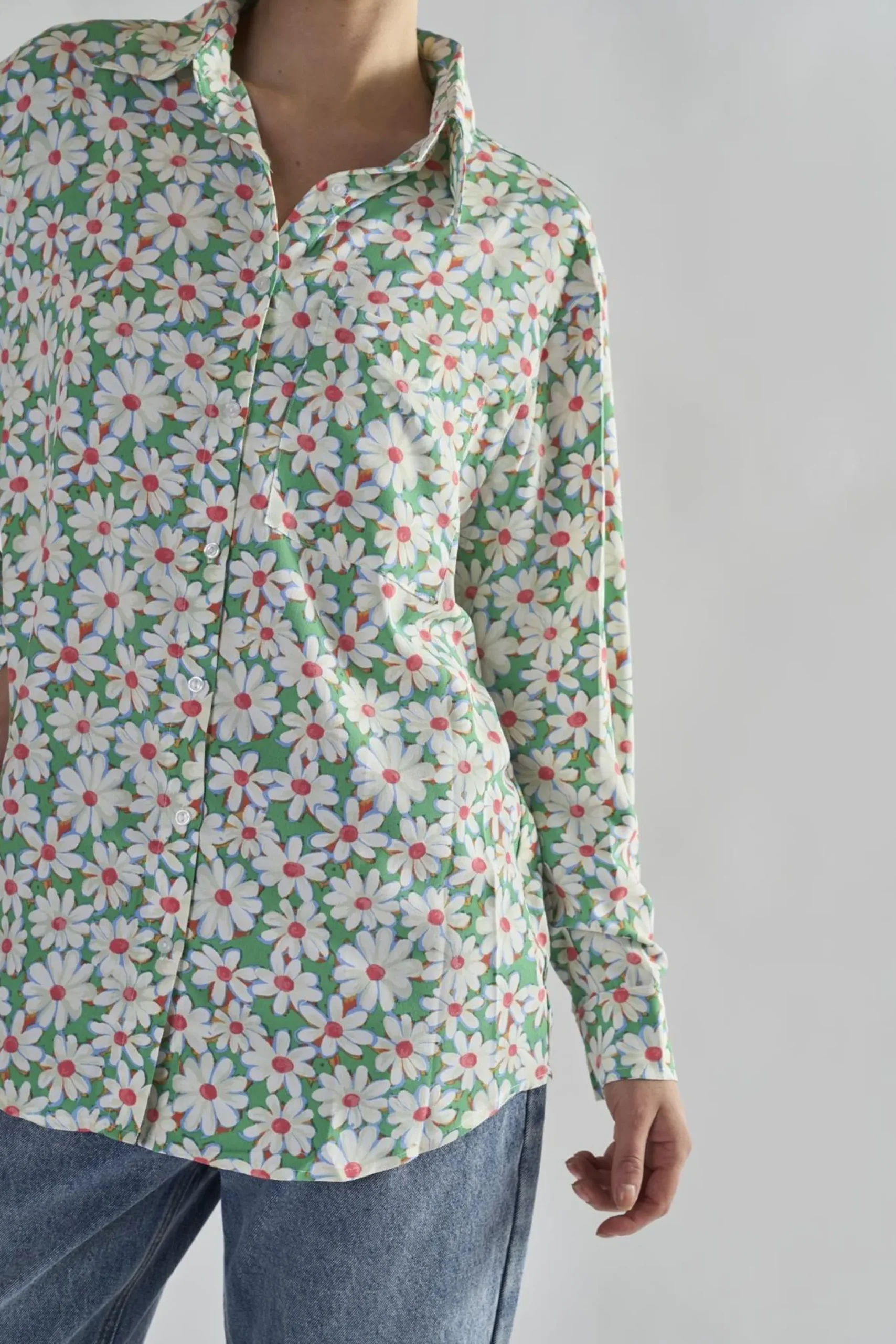 Glamorous Blouses & Shirts|Green Daisy Collared Long Sleeve Tops -