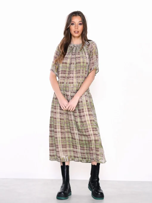 Glamorous Day Dresses|Midi & Midaxi Dresses|Green Devore Check High Neck Short Sleeve Midi Dress -