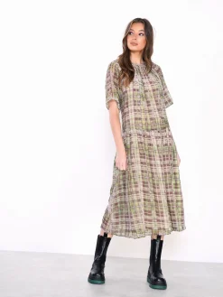 Glamorous Day Dresses|Midi & Midaxi Dresses|Green Devore Check High Neck Short Sleeve Midi Dress -