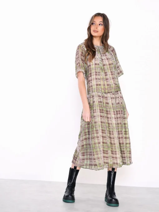 Glamorous Day Dresses|Midi & Midaxi Dresses|Green Devore Check High Neck Short Sleeve Midi Dress -