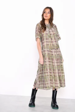 Glamorous Day Dresses|Midi & Midaxi Dresses|Green Devore Check High Neck Short Sleeve Midi Dress -