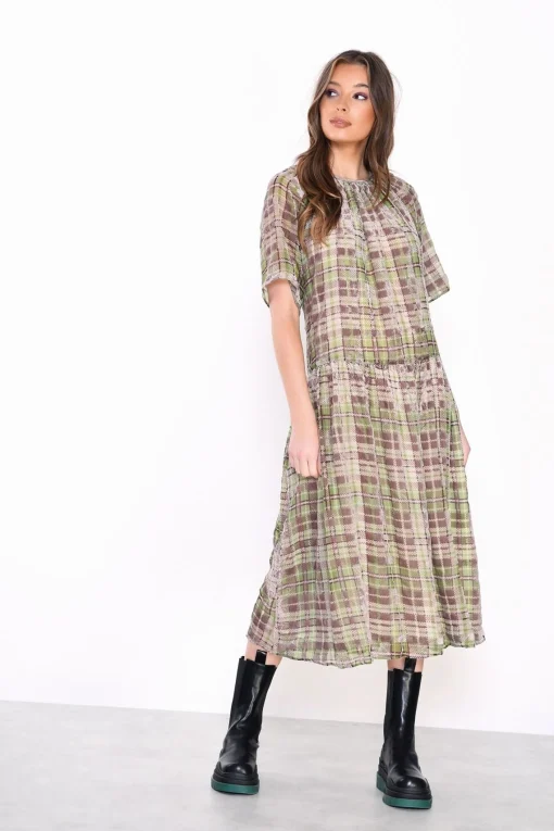 Glamorous Day Dresses|Midi & Midaxi Dresses|Green Devore Check High Neck Short Sleeve Midi Dress -