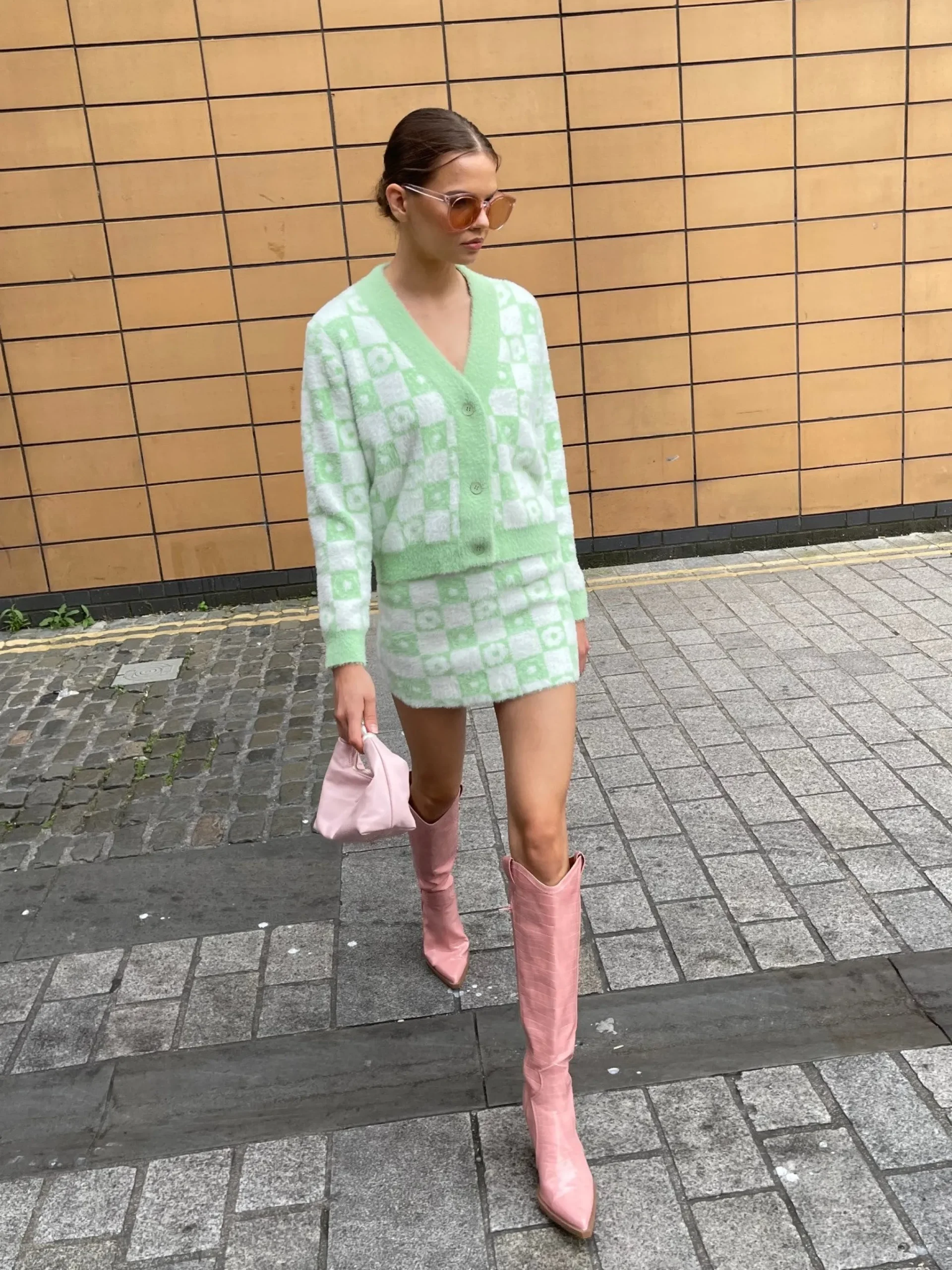 Glamorous Workwear|Co-ords|Green Flower Check Knitted Mini-Skirt -