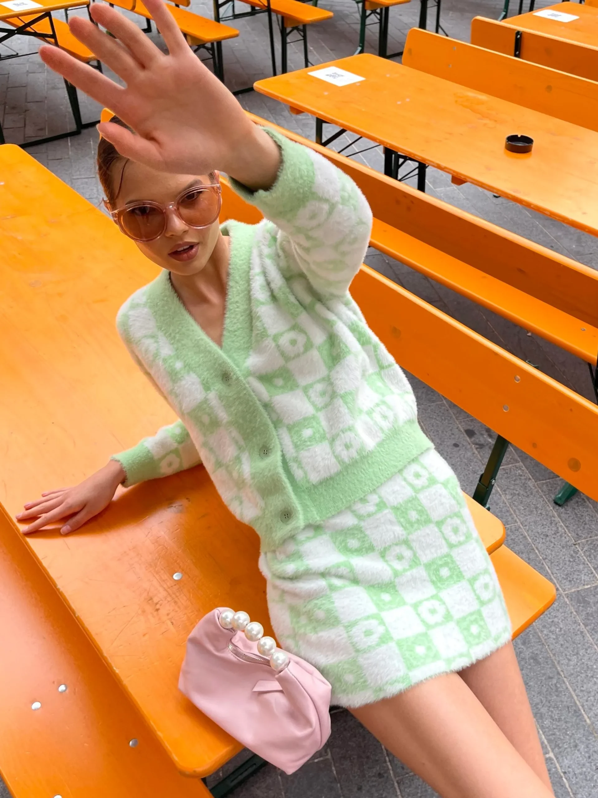 Glamorous Workwear|Co-ords|Green Flower Check Knitted Mini-Skirt -